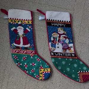 Mary Engelbreit Vintage Santa Snowman Needlepoint Velvet Holiday Stockings